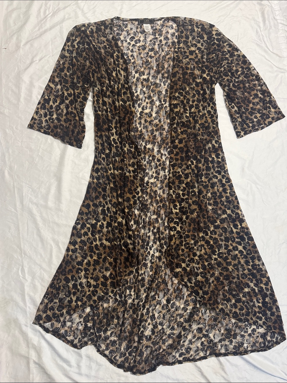 Lucky & Blessed Leopard Print Sheer Mesh Kimono Cardigan High Low Duster Top L - Picture 4 of 6